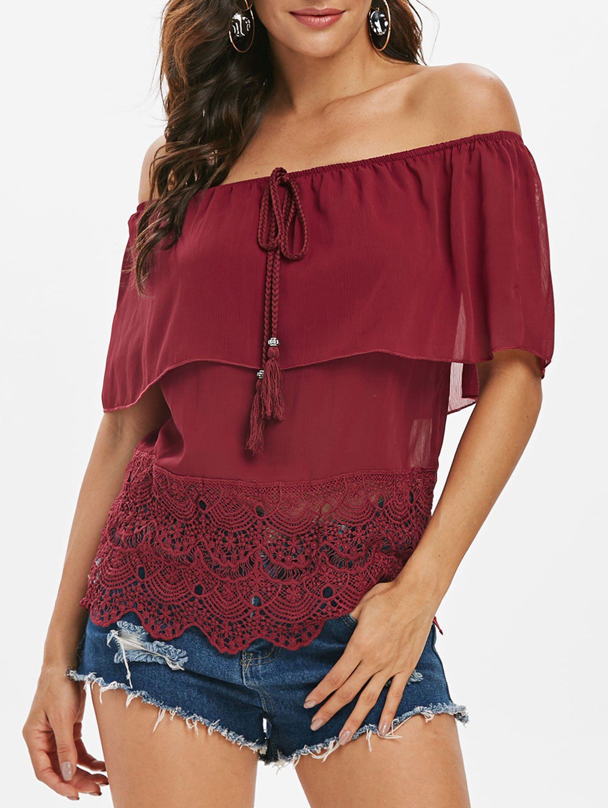 

Chiffon Off Shoulder Guipure Lace Panel Blouse, Red wine