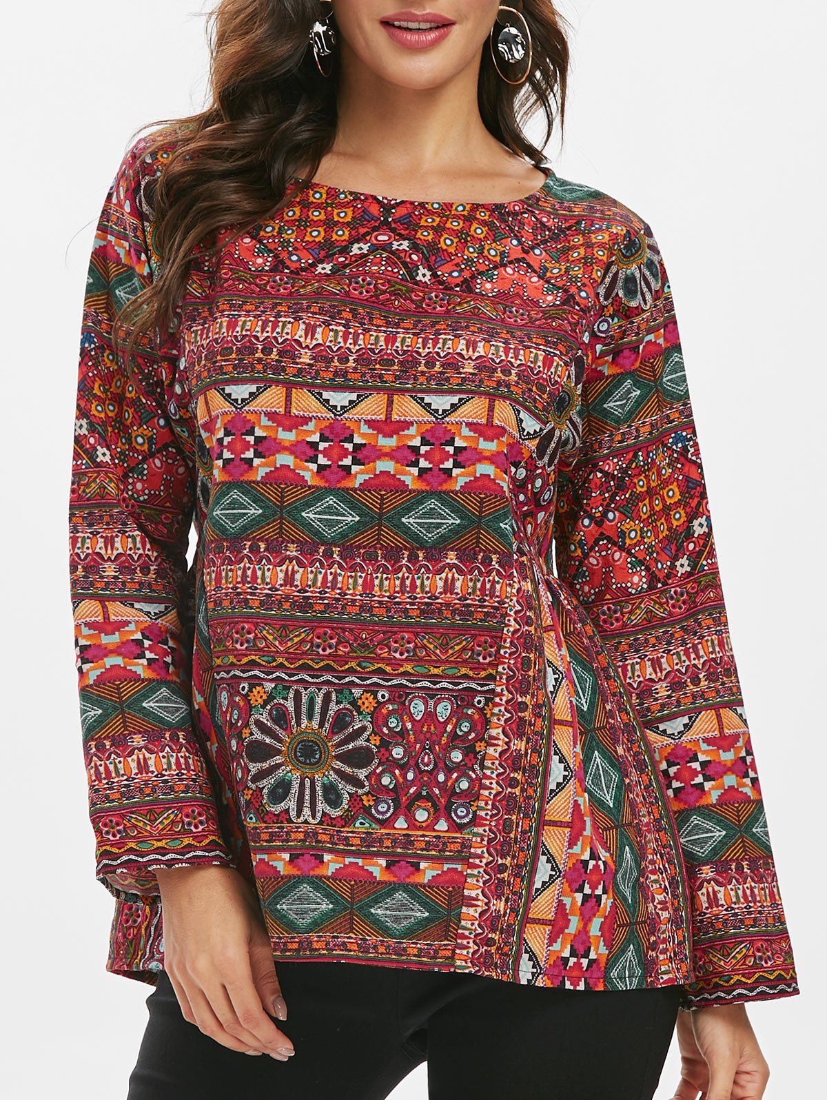 

Round Neck Tribal Print Loose Blouse, Multi