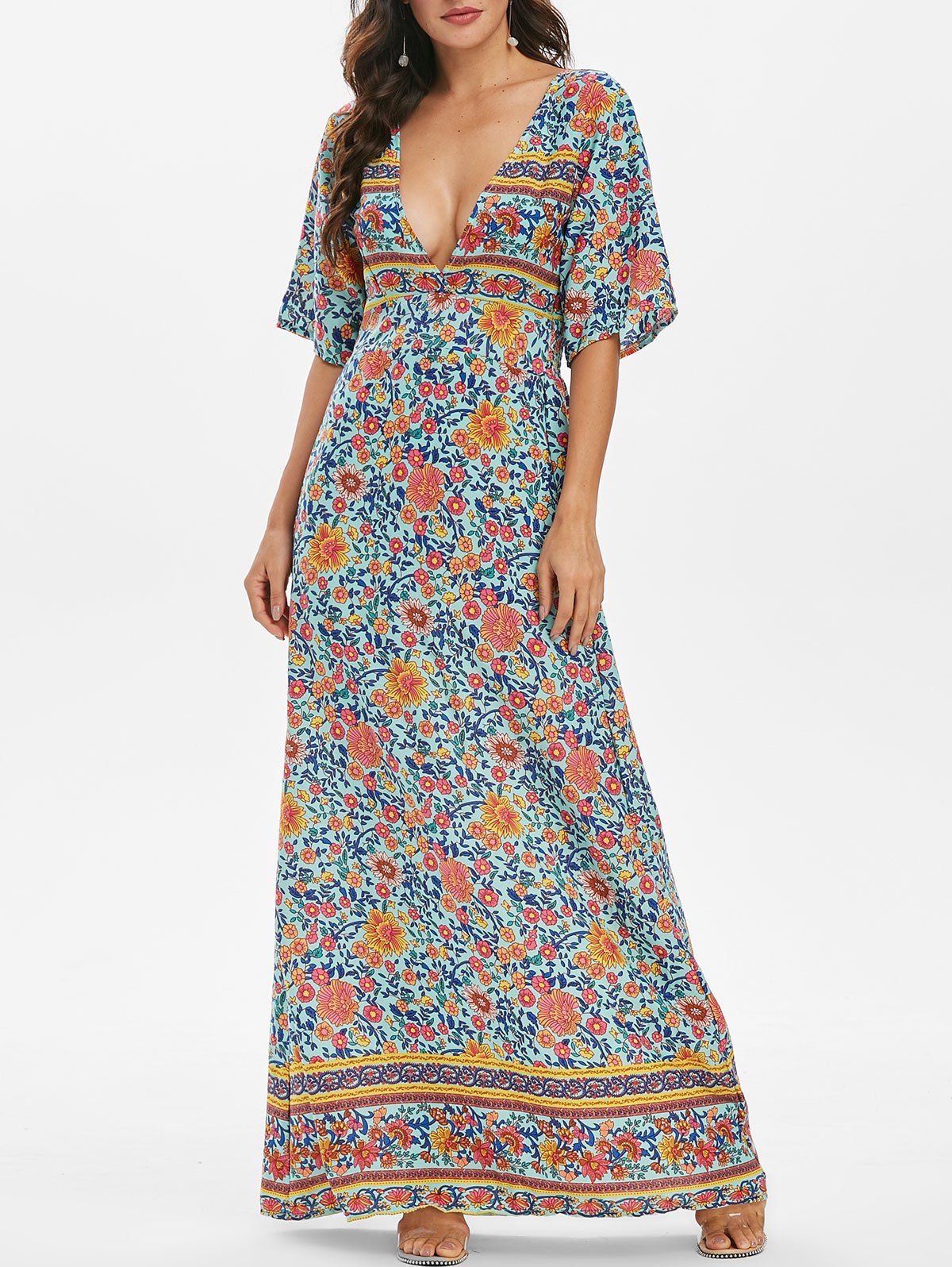 [44% OFF] Floral Low Cut Empire Waist Maxi Dress | Rosegal