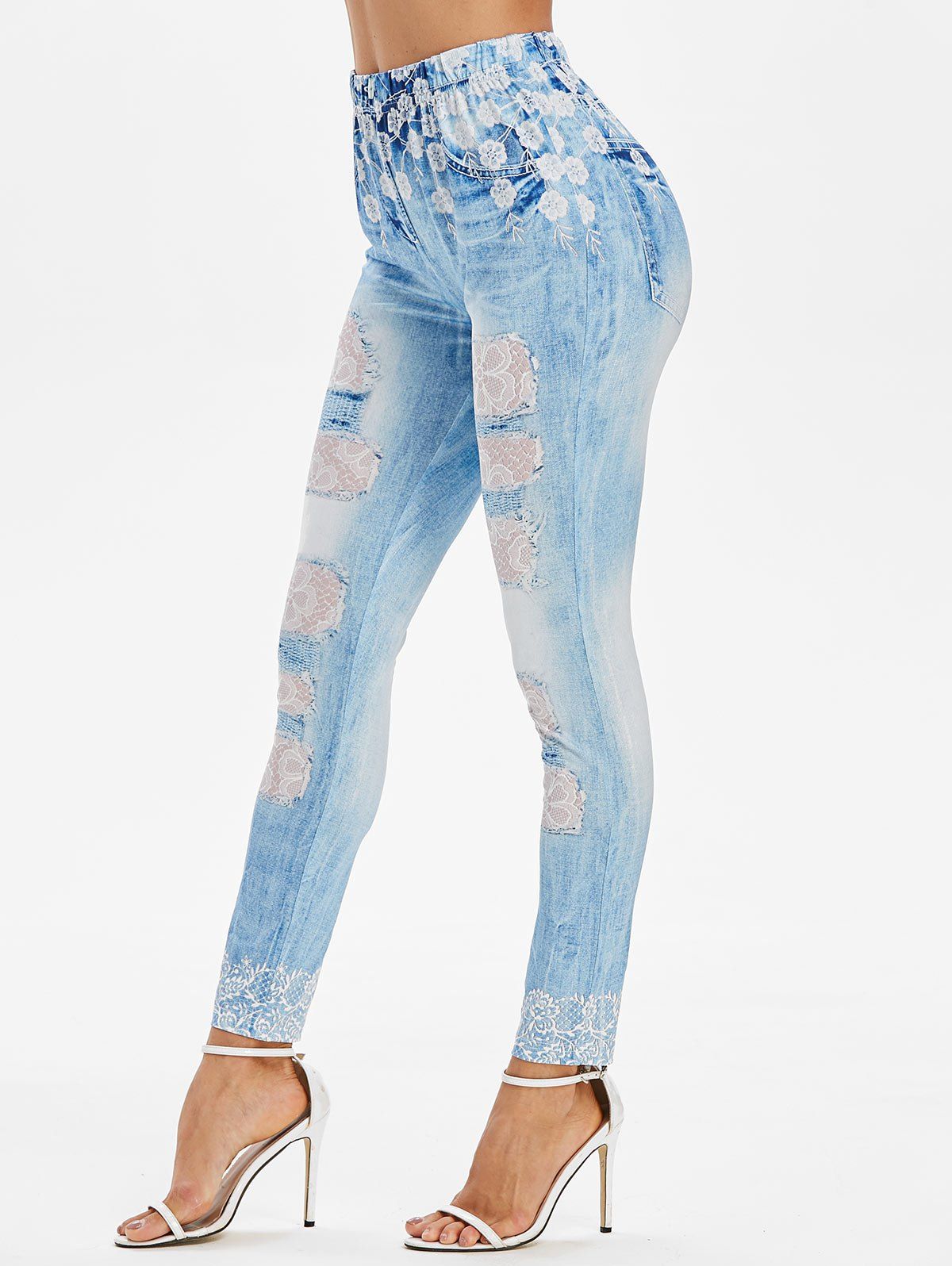 

Floral Lace Panel Print Skinny Faux Jeans, Jeans blue