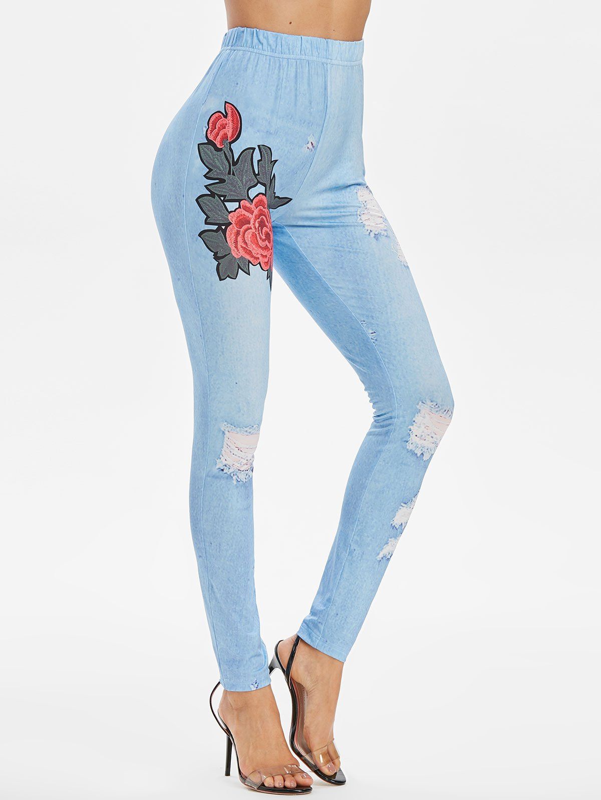 

Floral Ripped Print Skinny Pants, Denim blue