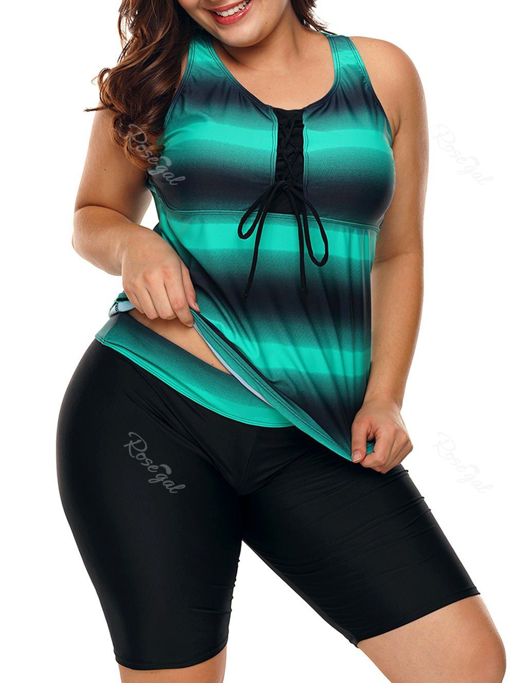

Ombre Striped Print Plus Size Tankini Set, Light sea green