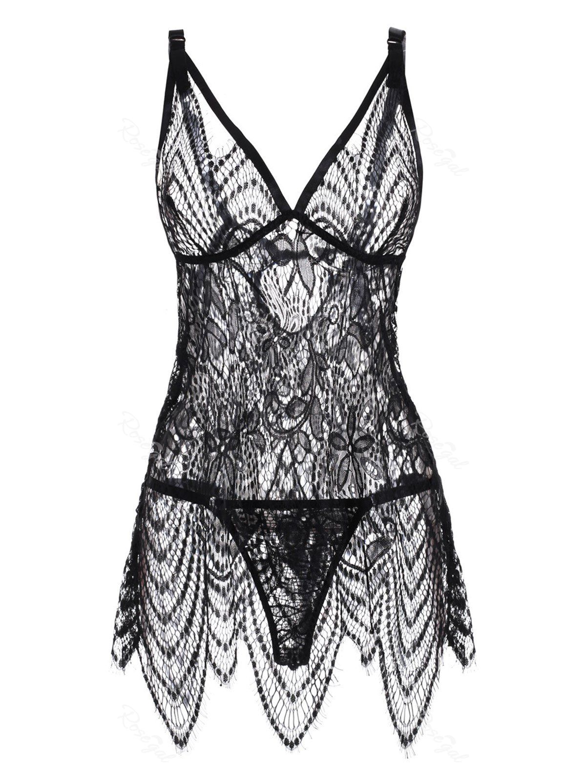 

Plus Size Floral Lace Uneven Hem Babydoll, Black