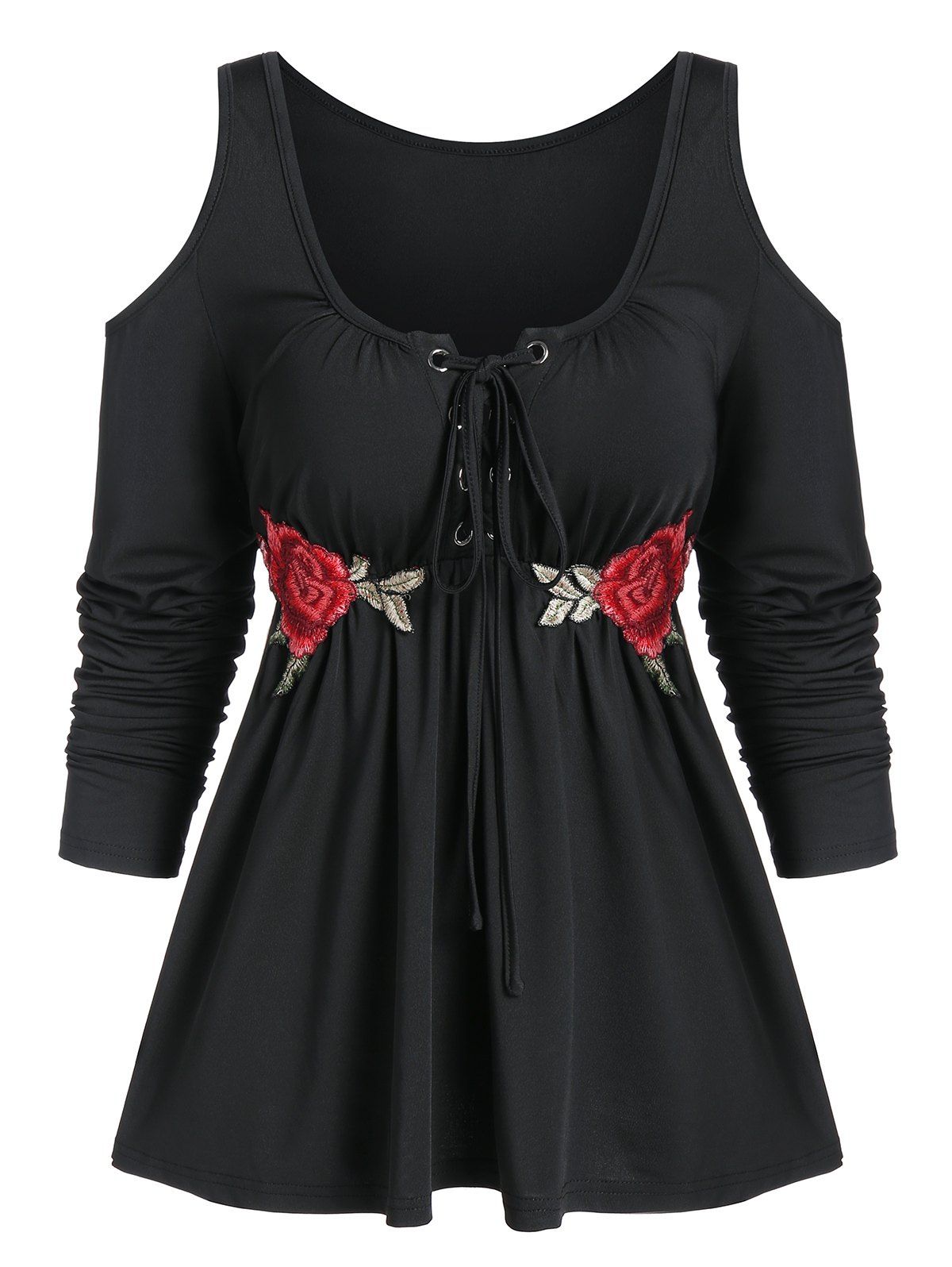 

Embroidered Lace Up Cold Shoulder T Shirt, Black
