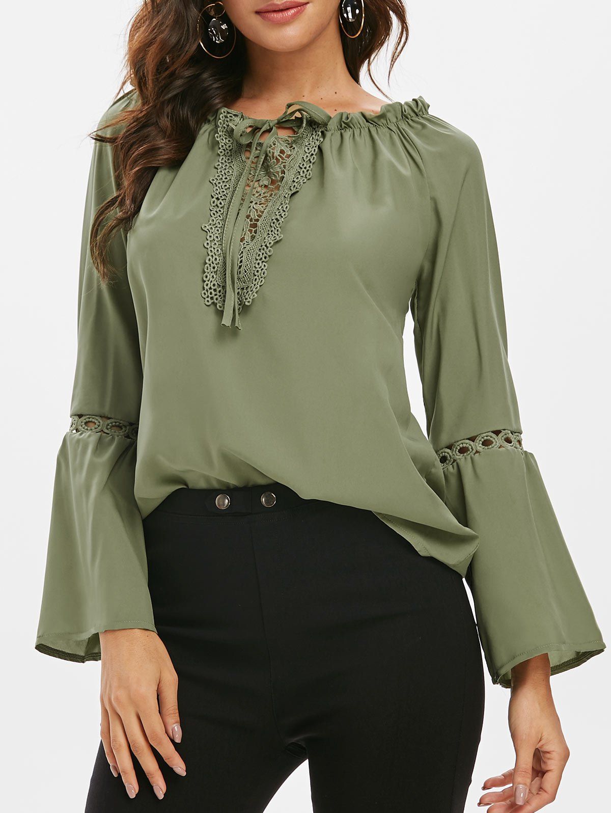 

Guipure Lace Panel Frilled Long Sleeve Blouse, Army green