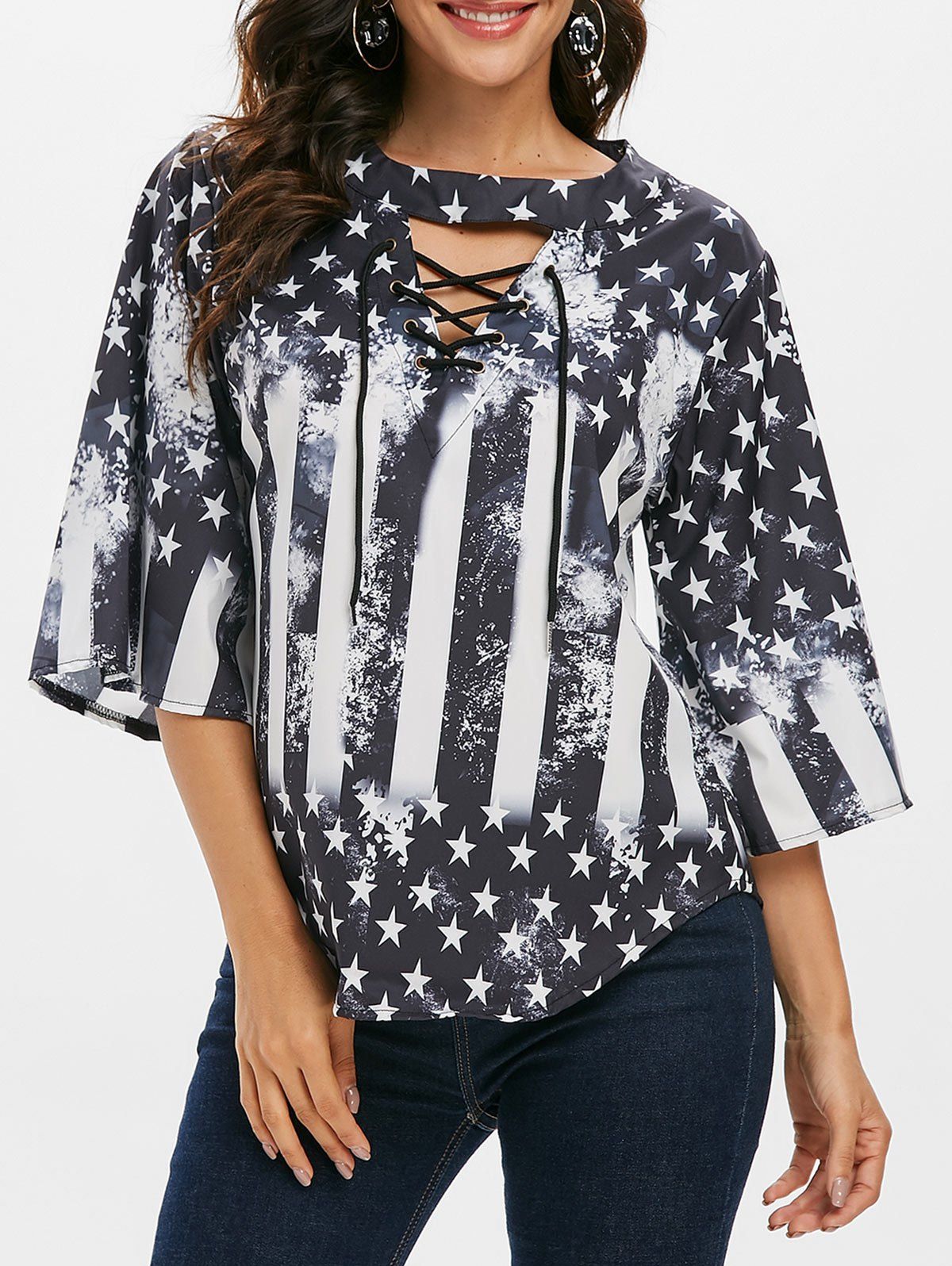 

American Flag Cutout Lace Up T-shirt, Black