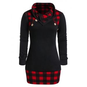 

Plus Size Checked Panel Cowl Collar Button T Shirt, Black