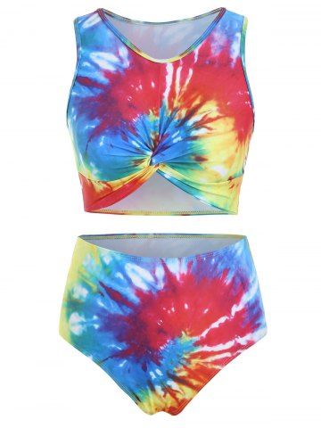 Twist Front Tie Dye Padded Tankini Swimsuit - MULTI - 3XL