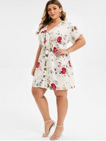 

Plus Size Knot A Line Floral Dress, White