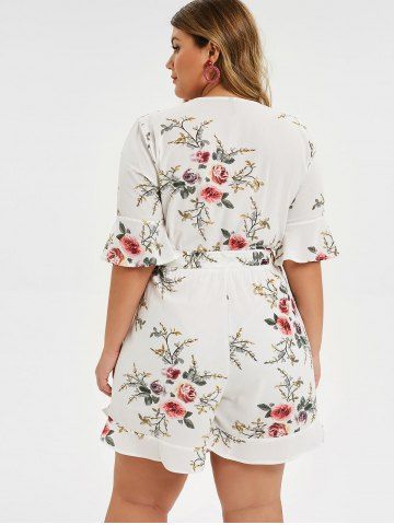 

Plus Size Flounced Floral Surplice Romper, White