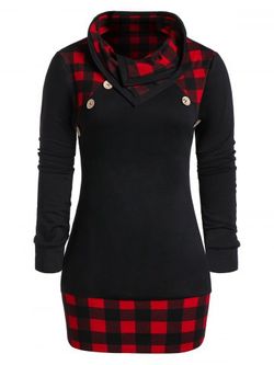 Plus Size Checked Panel Cowl Collar Button T Shirt - BLACK - 4X