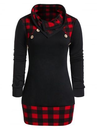 Plus Size Checked Panel Cowl Collar Button T Shirt