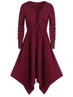 Plus Size Asymmetric Long Sleeve Lace UP Dress - RED WINE - L