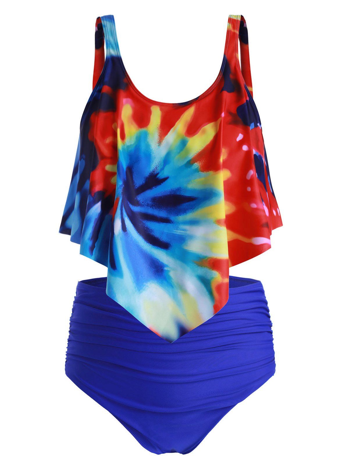 

Plus Size Overlay Tie Dye High Waist Tankini Swimsuit, Multi-c