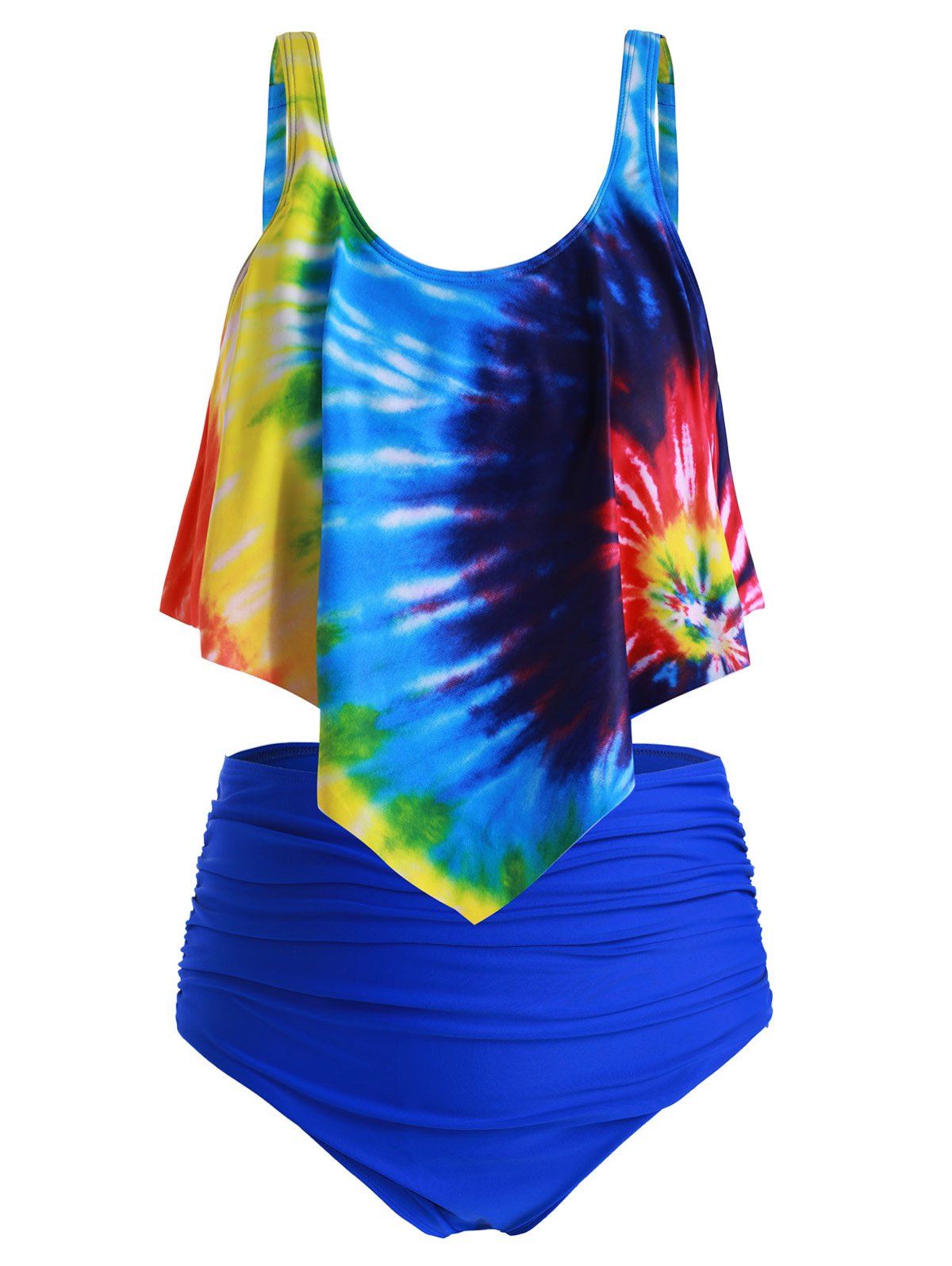 

Plus Size Overlay Tie Dye High Waist Tankini Swimsuit, Multi-b