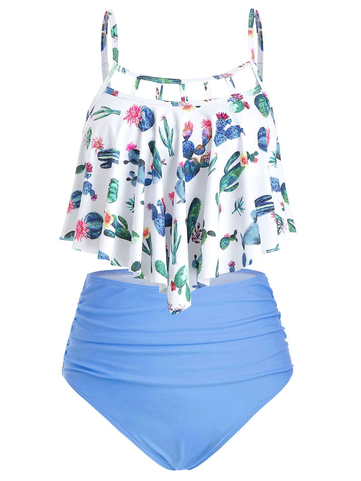 

Cactus Print Cutout Flounce High Waisted Tankini Swimsuit, Sky blue