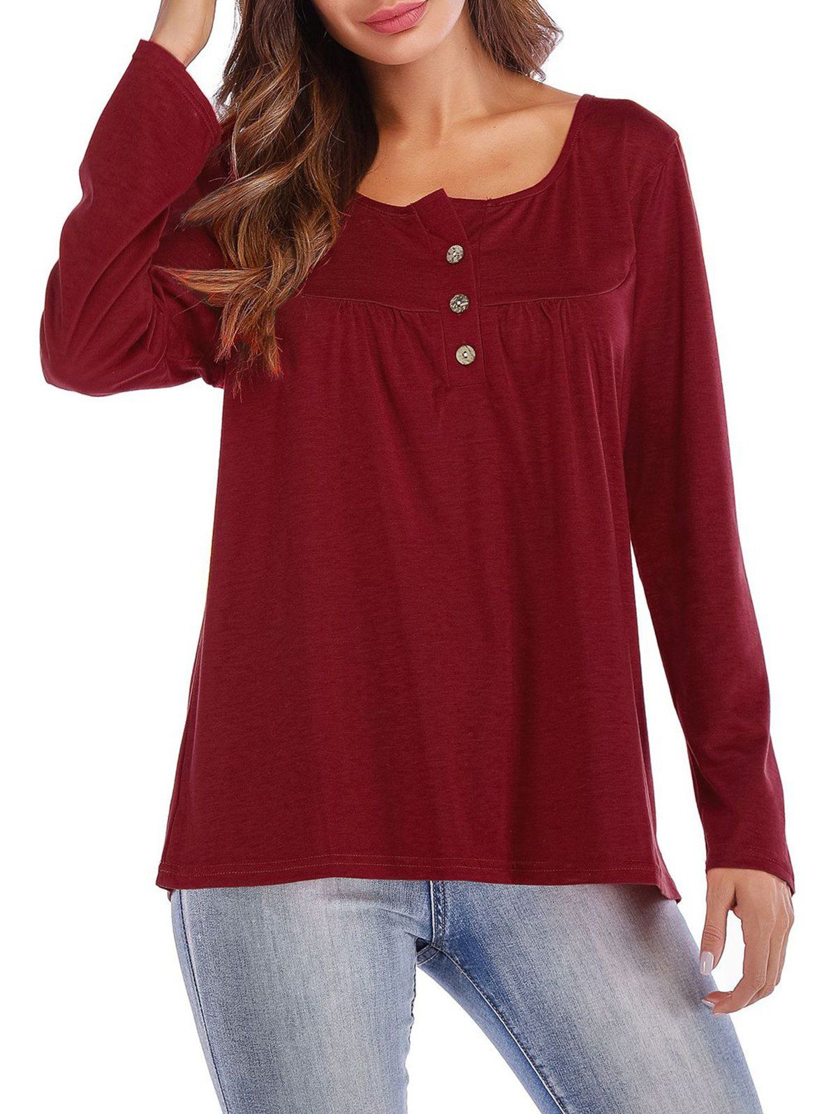 

Button Front Casual Long Sleeve T-shirt, Red wine