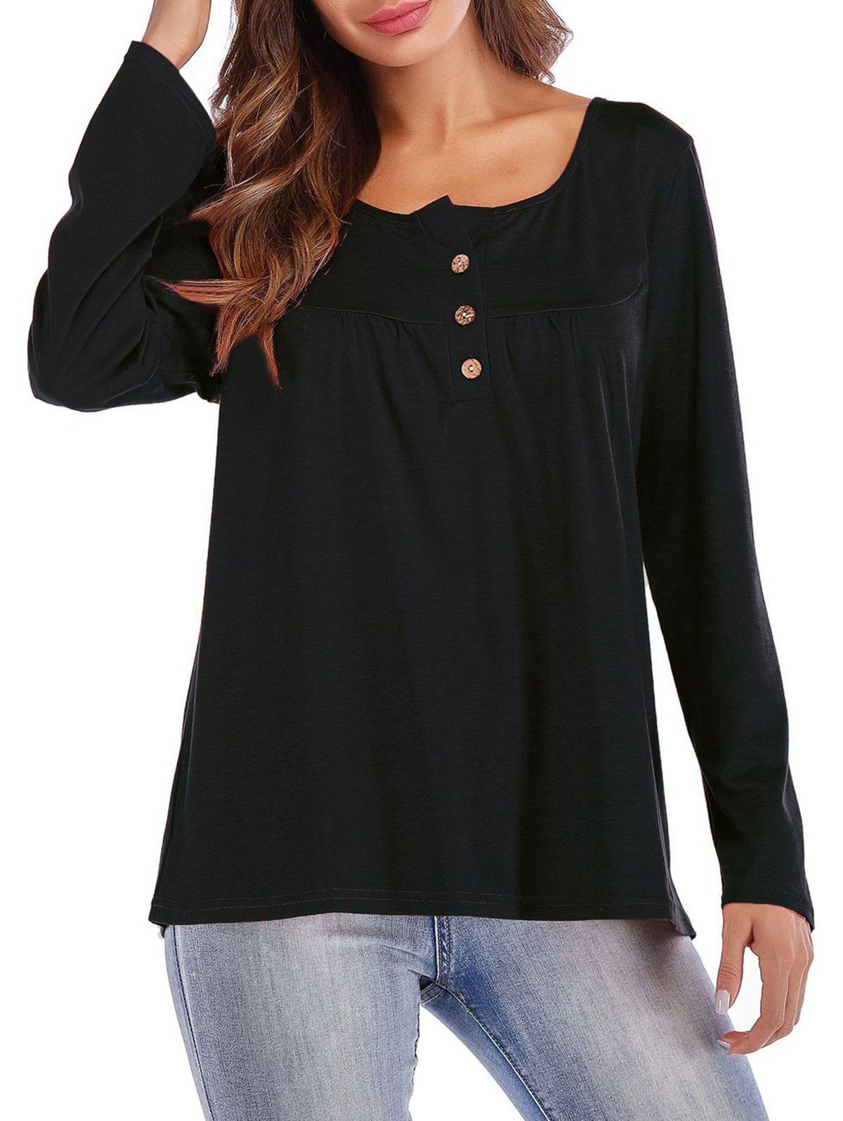 

Button Front Casual Long Sleeve T-shirt, Black