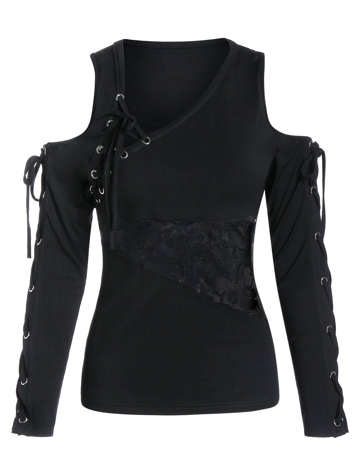 

Lace Insert Asymmetric Cold Shoulder Lace-up Gothic T-shirt, Black
