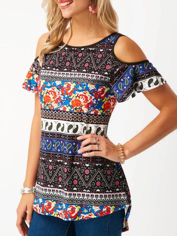 

Printed High Low Cold Shoulder Top, Multi