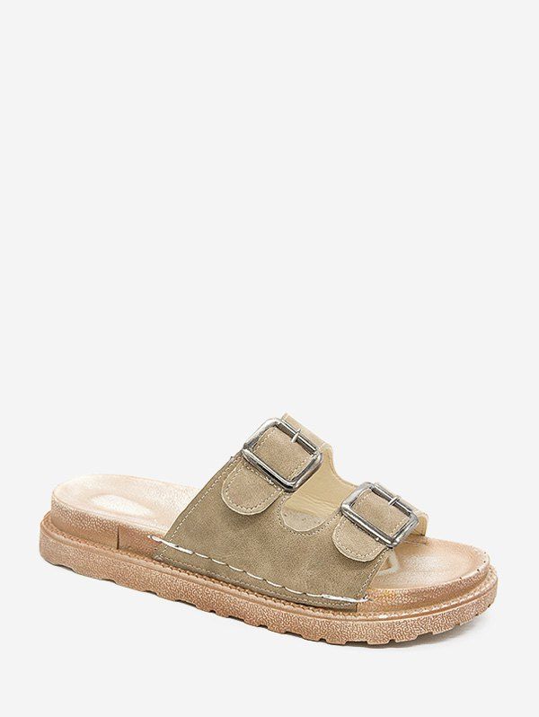 

Flat Double Buckle PU Slides, Khaki