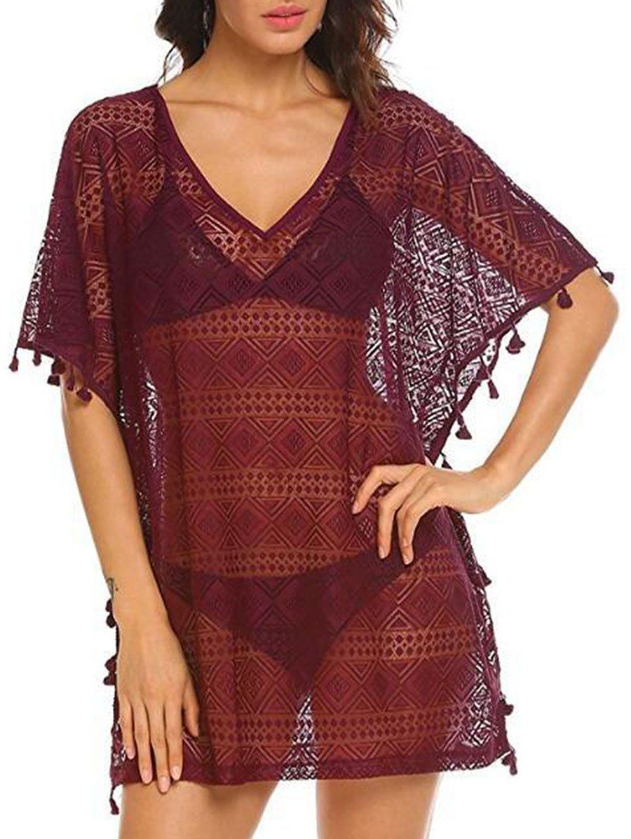 

Lace Tassel Trim V Neck Slit Cover Up, Firebrick