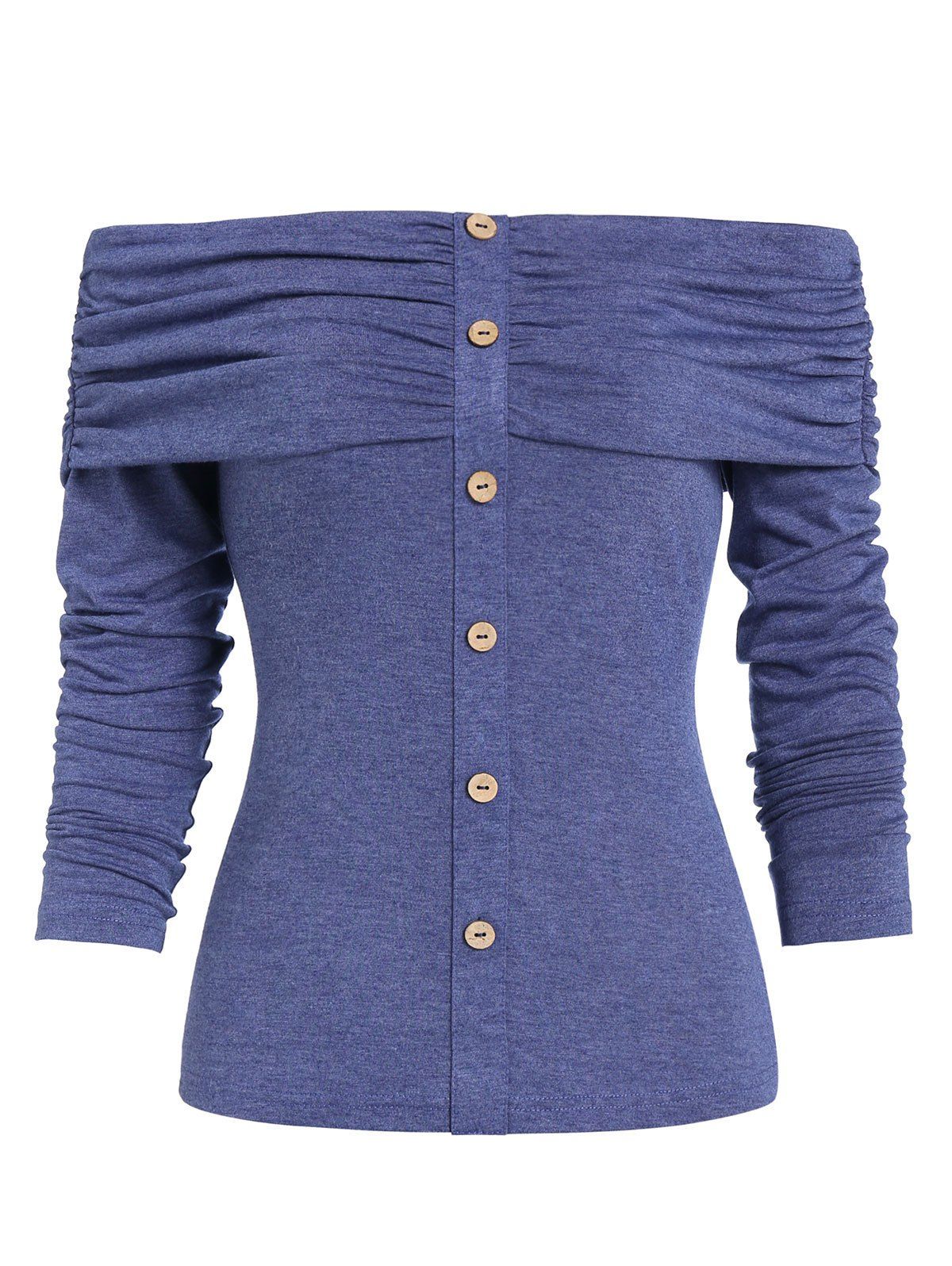 

Off The Shoulder Solid Button T Shirt, Ocean blue