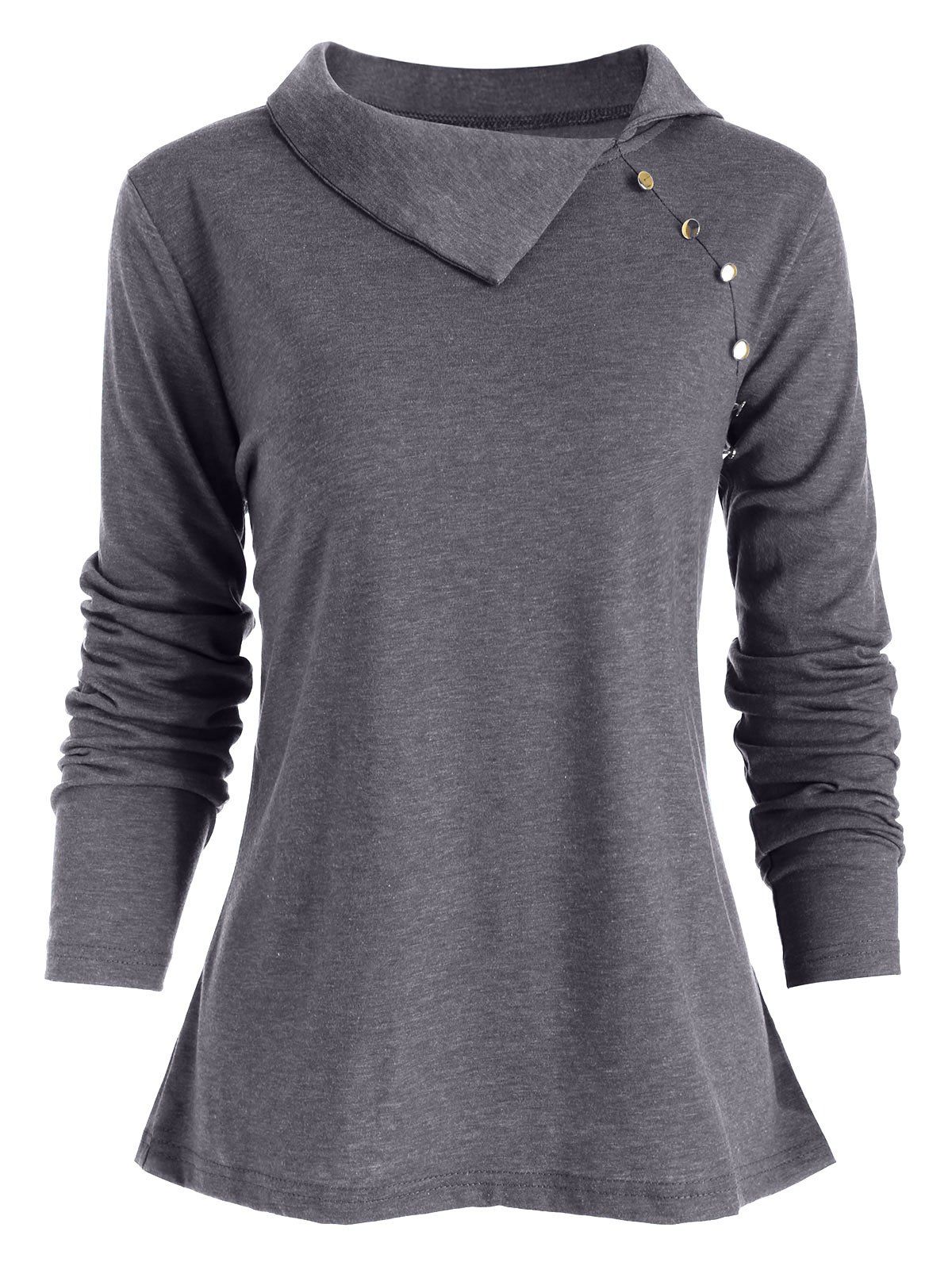 

Heather Button Embellished Long Sleeve T-shirt, Battleship gray