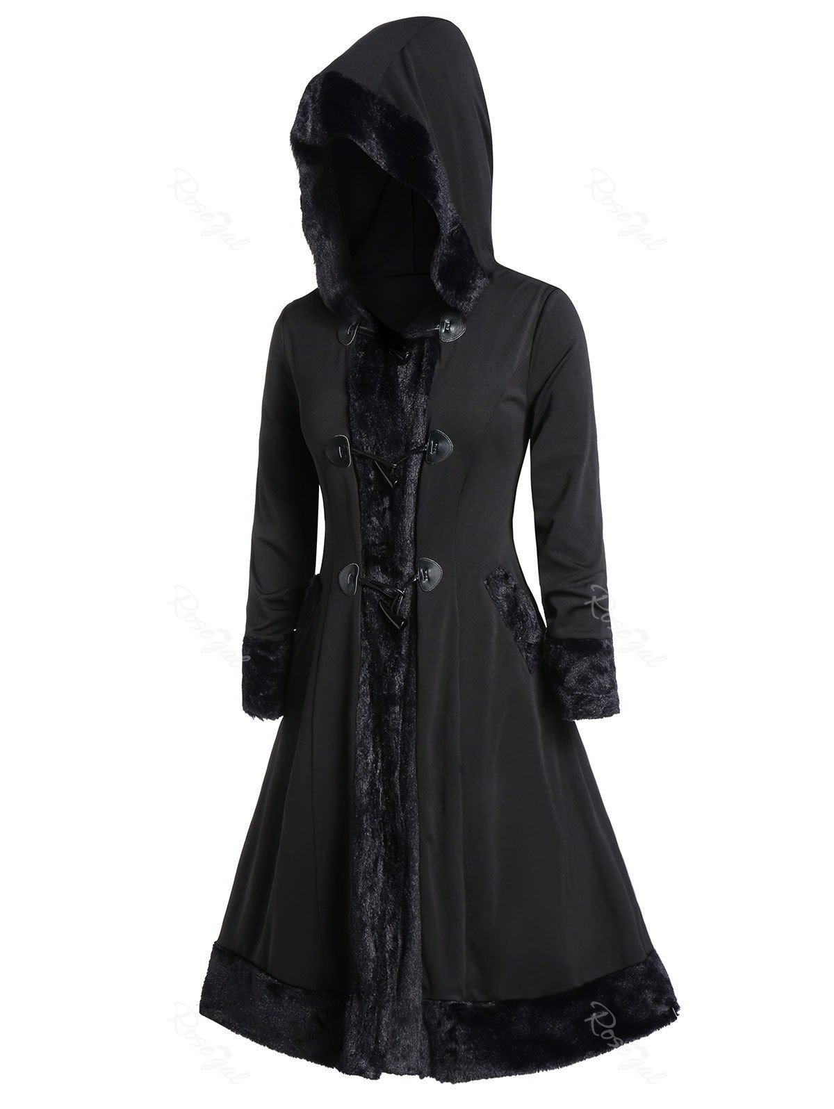 

Plus Size Horn Button Faux Fur Trim Long Coat, Black