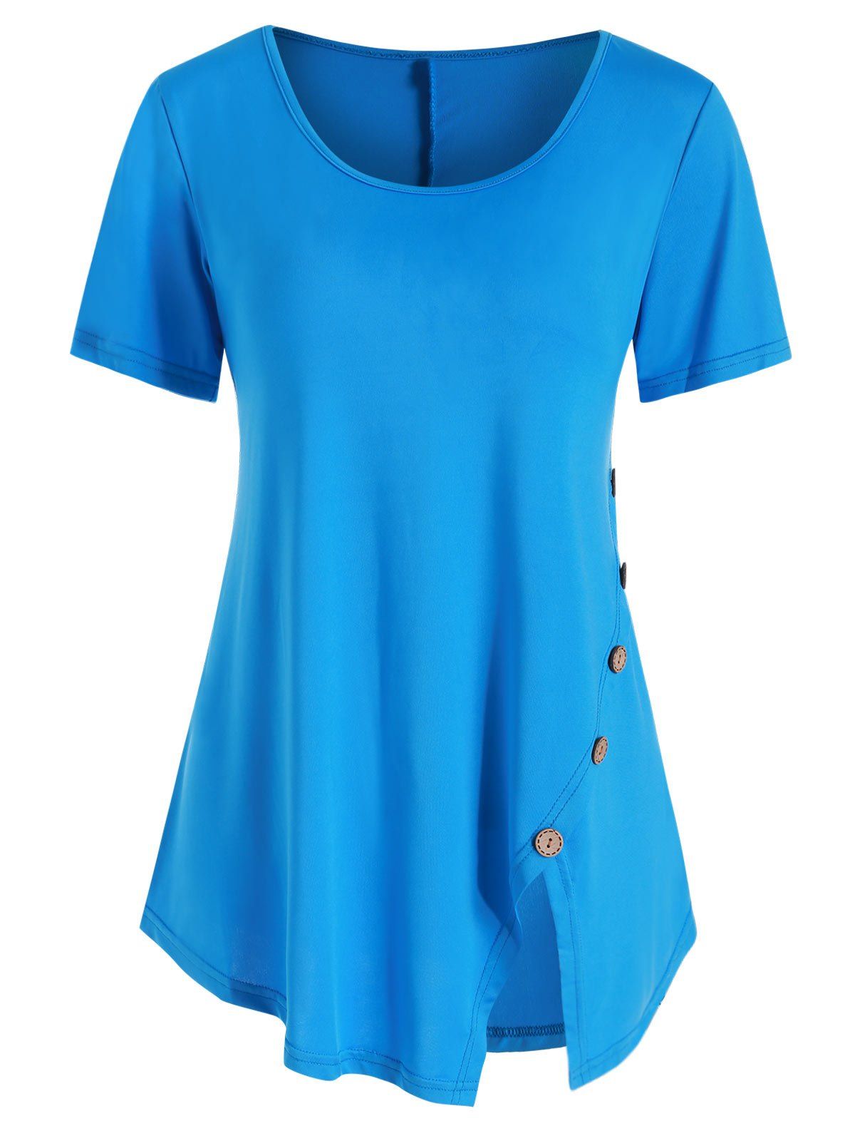 

Button Embellished Slit Short Sleeve T-shirt, Deep sky blue