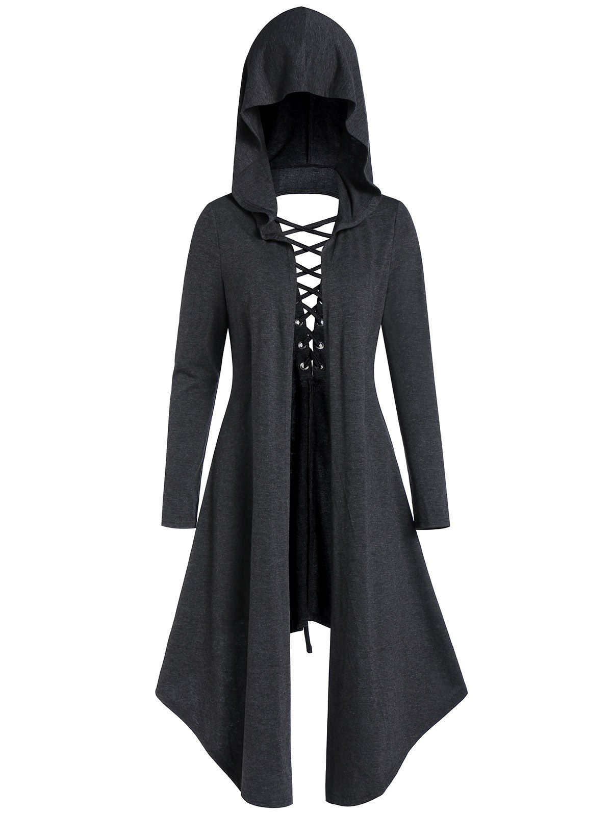 

Asymmetric Lace-up Cut Out Open Front Hooded Gothic Coat, Black