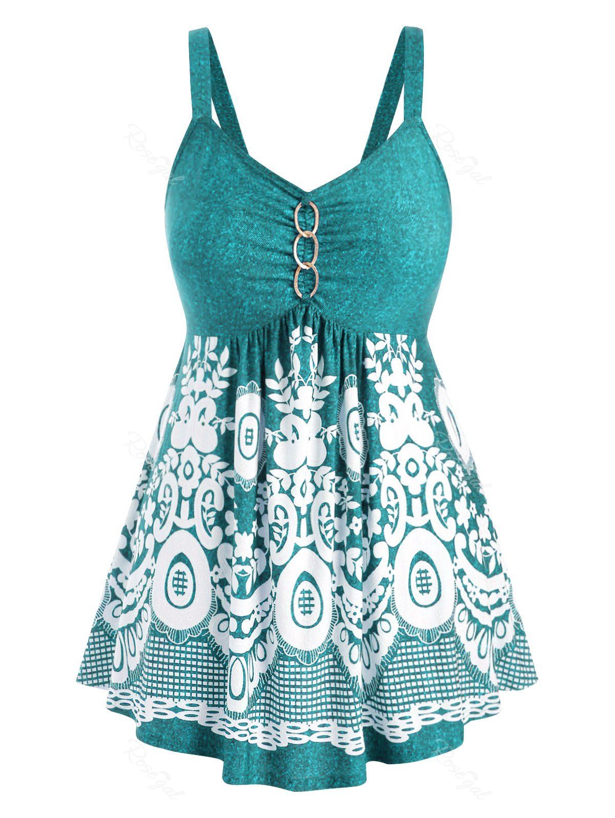 

Plus Size Marled Floral Print Sweetheart Collar Tank Top, Macaw blue green