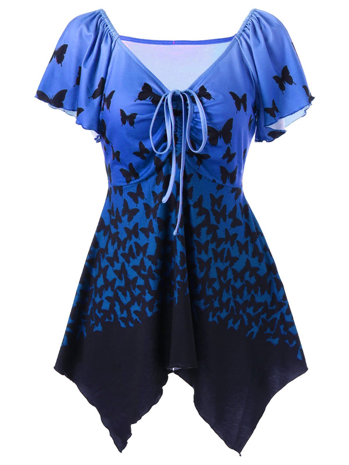 

Butterfly Print Cinched V Neck Longline T-shirt, Blueberry blue