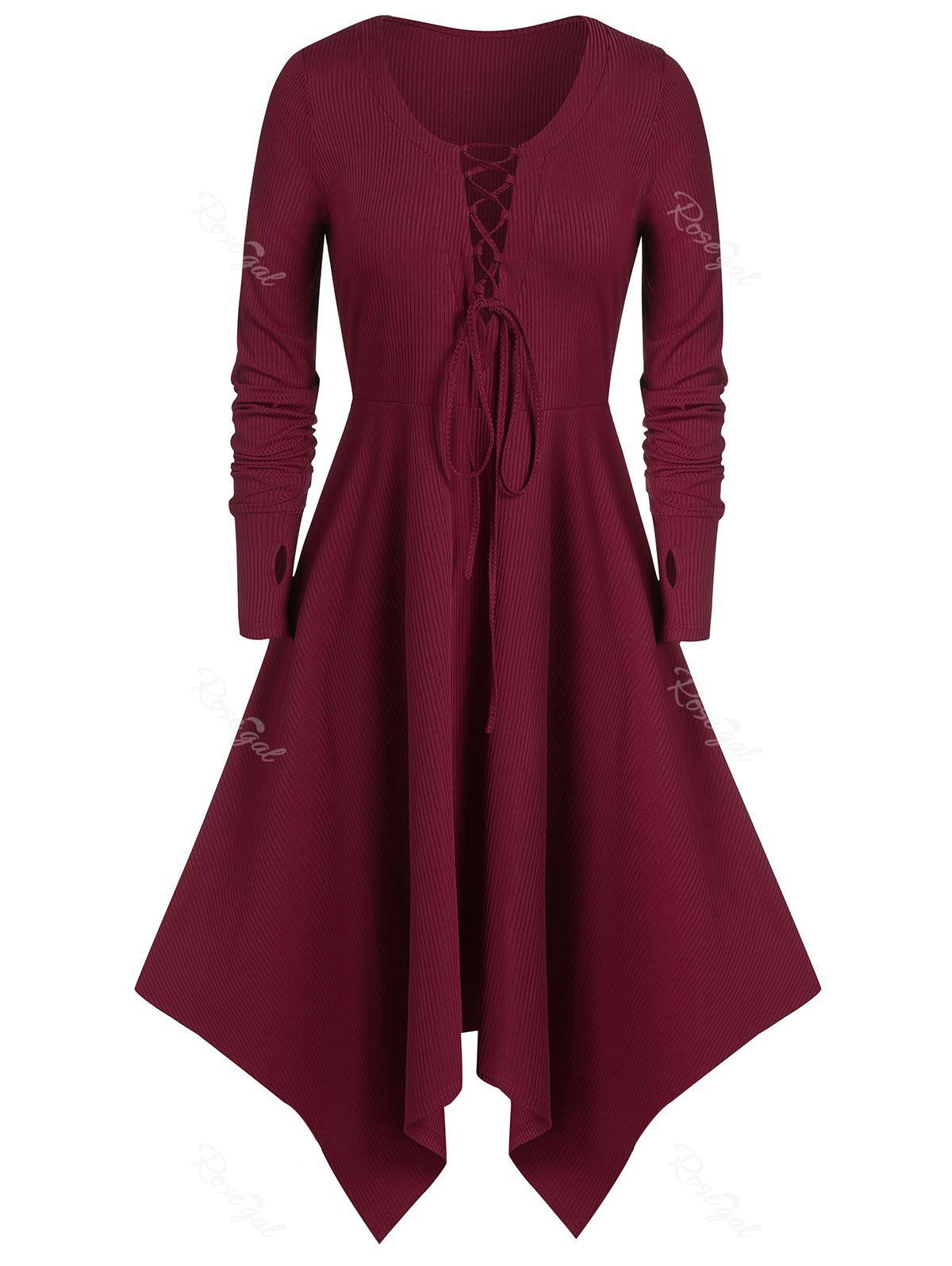 long sleeve lace up asymmetrical dress