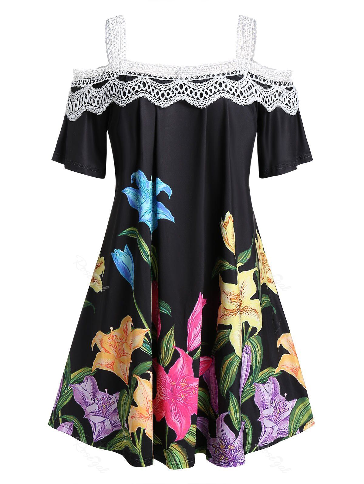 

Plus Size Open Shoulder Square Collar Floral Print Dress, Black