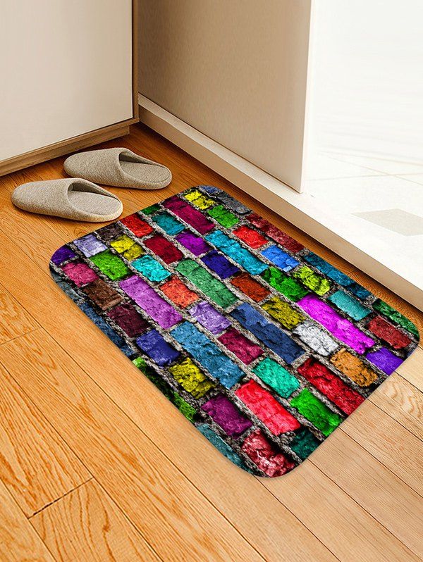 

Colorful Brick Wall Patterned Water Absorption Area Rug, Silk blue