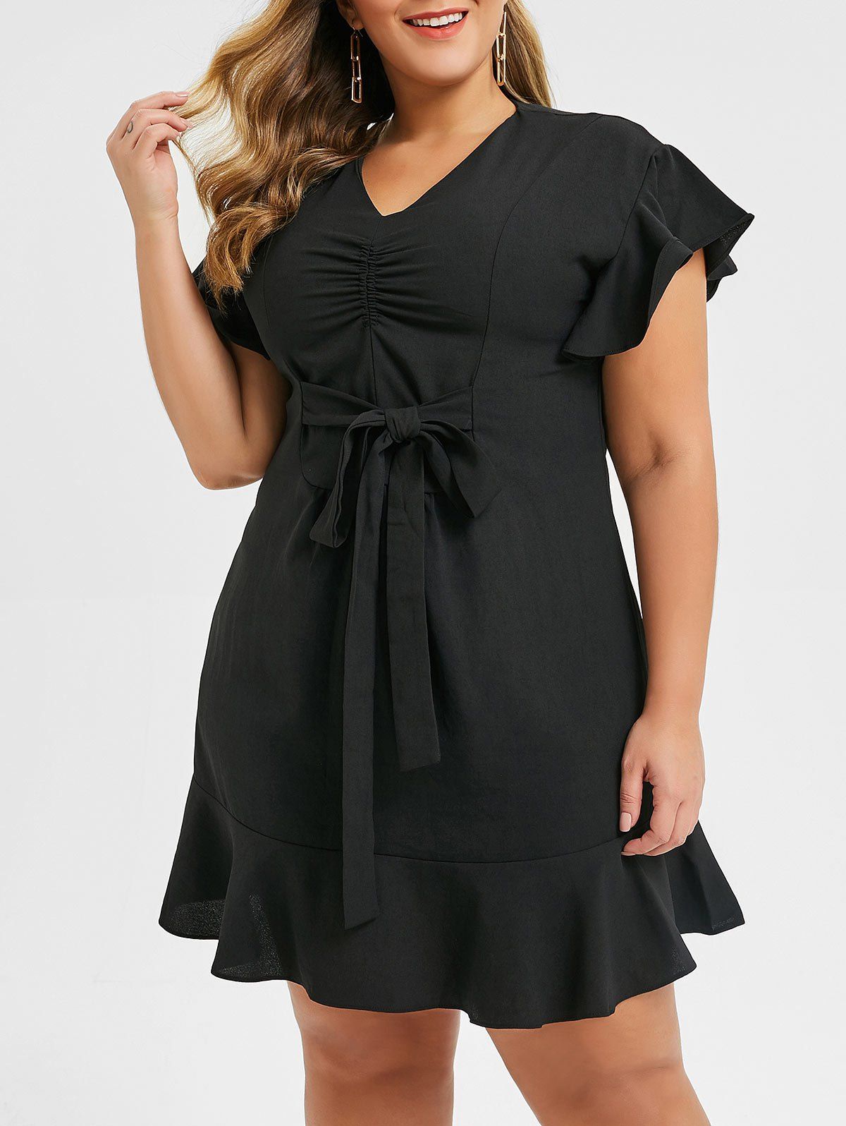 

Plus Size Ruched V Neck Flounce Dress, Black