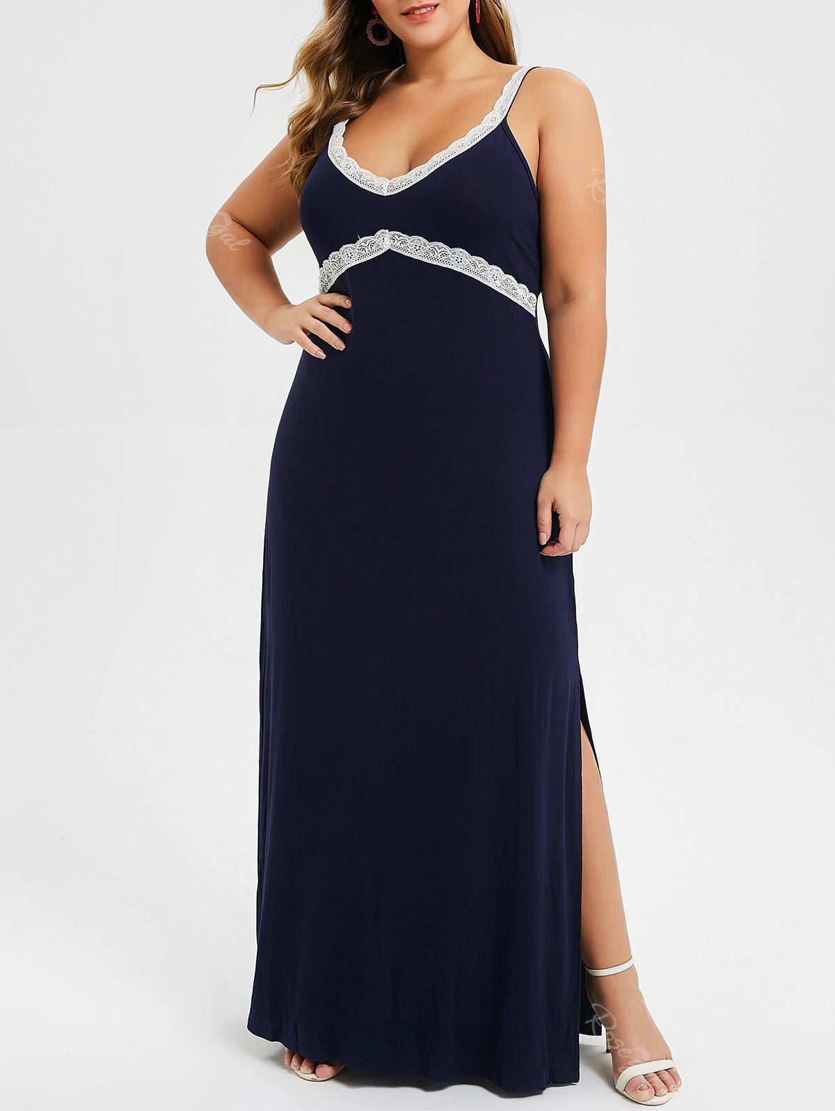 

Plus Size Lace Insert Color Block Slit Sleeveless Dress, Navy blue