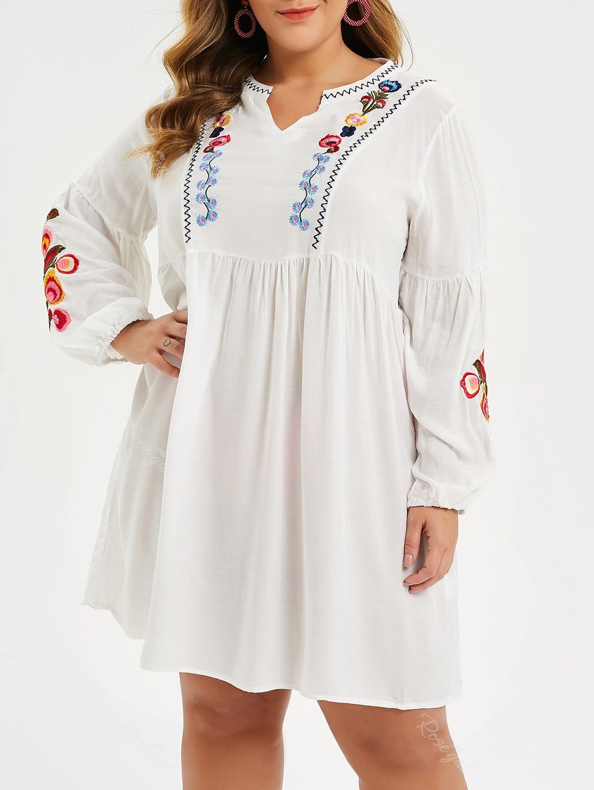 

Plus Size Flower Embroidered Notched Casual Dress, White