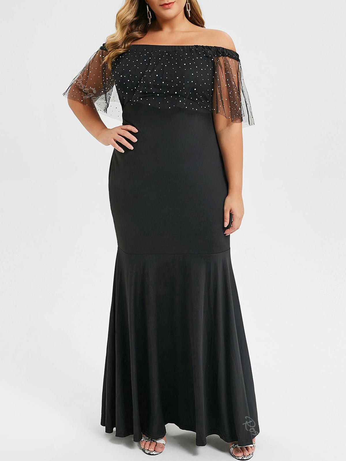 [38% OFF] Plus Size Sequined Tulle Off The Shoulder Mermaid Dress | Rosegal