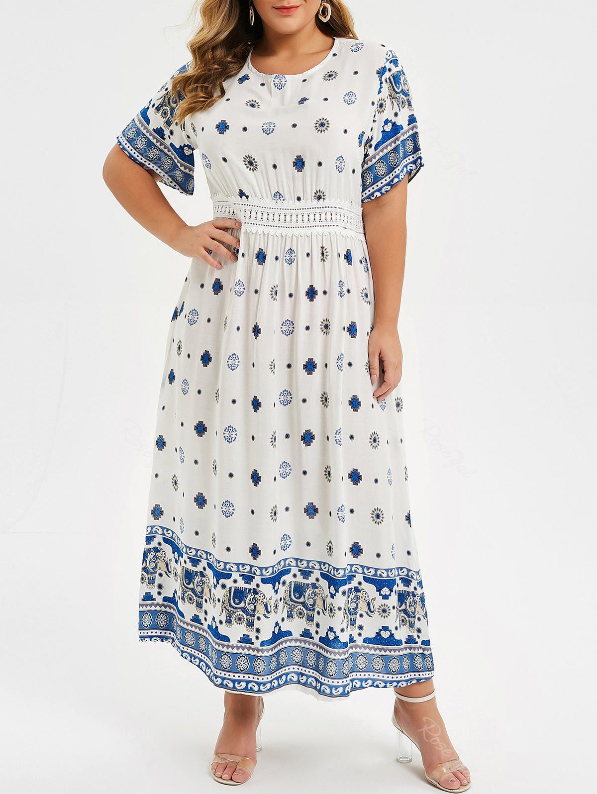 

Plus Size Bohemian Flower Print Cut Out Maxi Dress, White