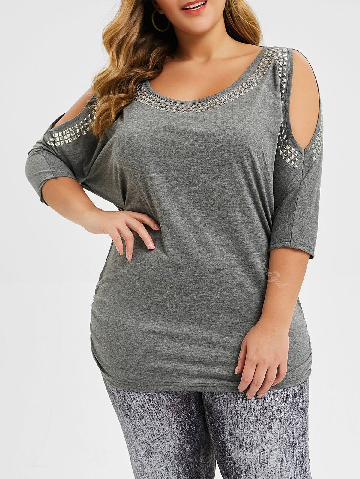 

Plus Size Rivet Cold Shoulder Batwing Top, Gray goose