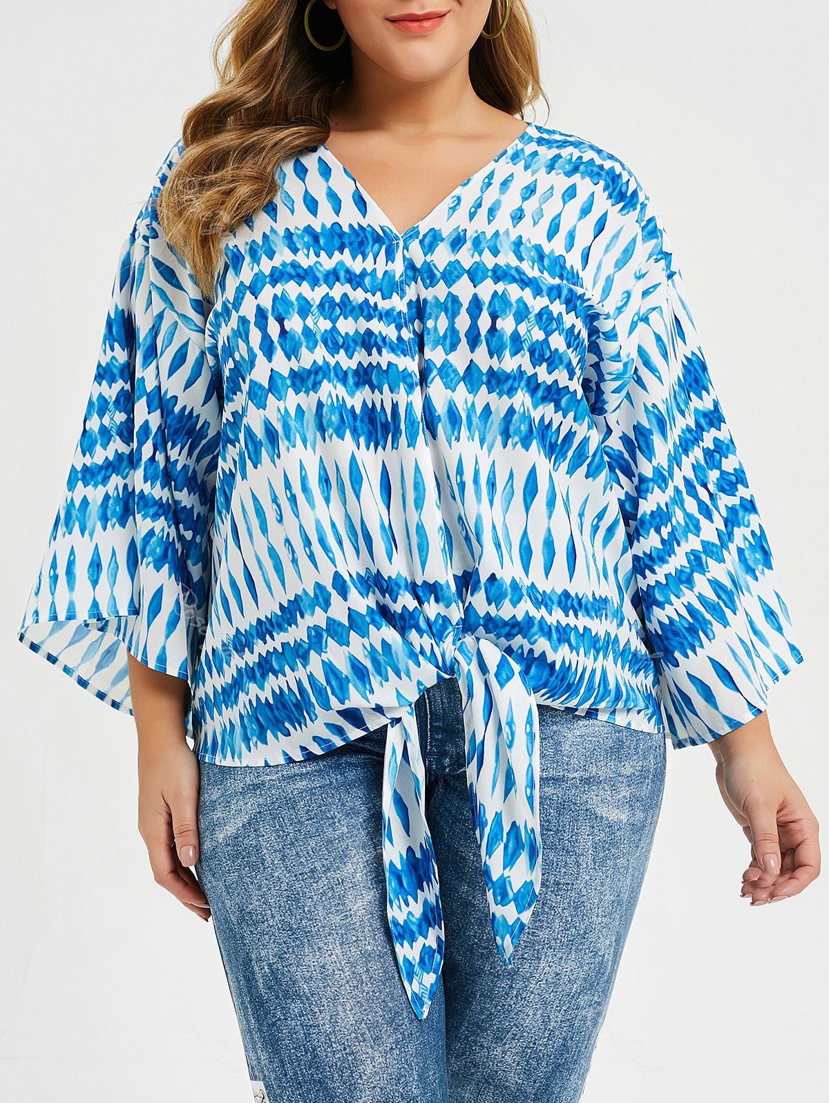 

Plus Size Self-tie Printed Blouse, Blue ivy