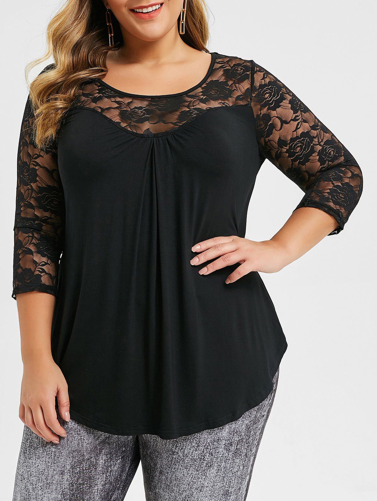 

Plus Size Lace Panel Sheer Tunic T Shirt, Black