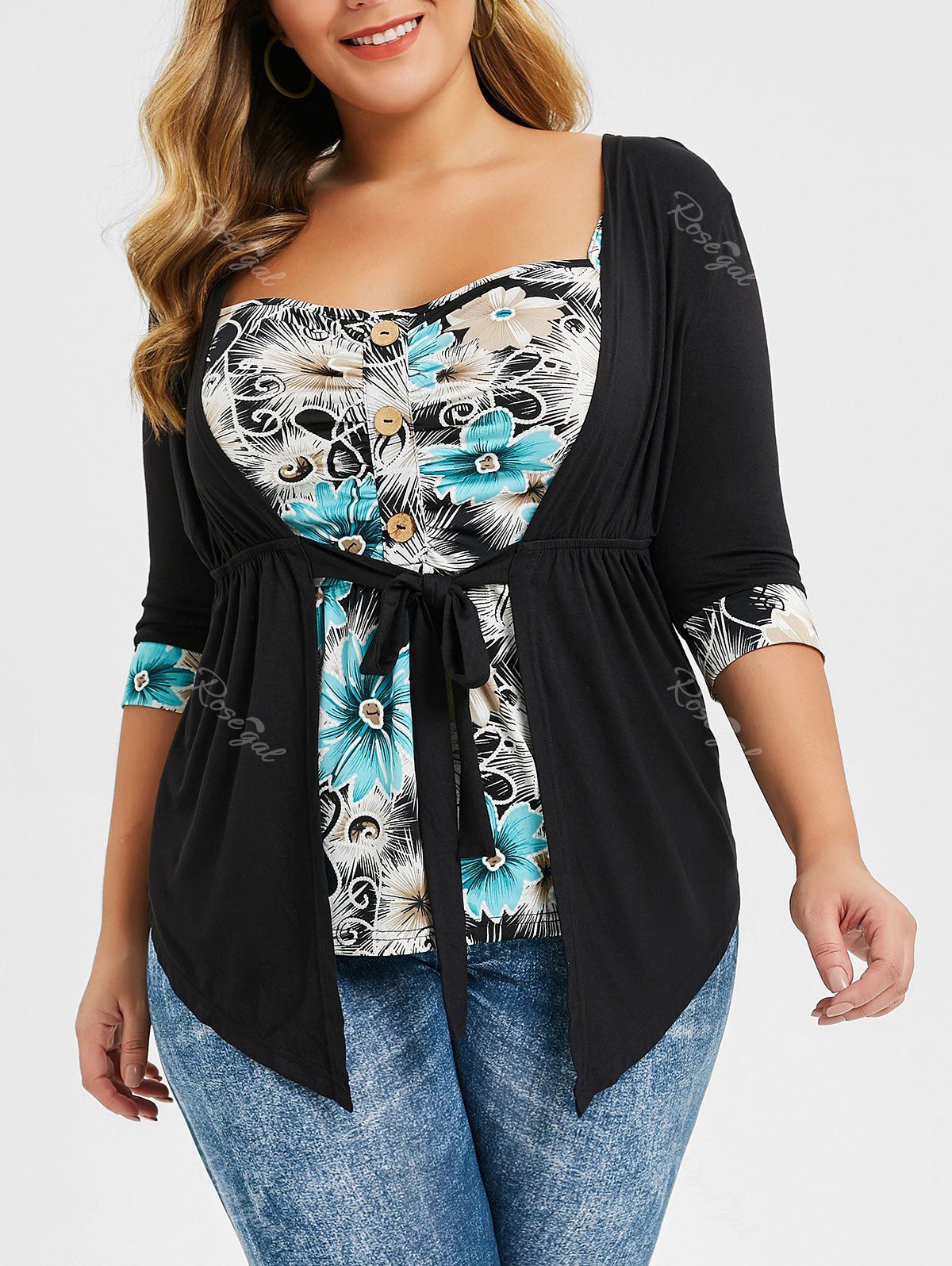 

Plus Size Ditsy Print Button Tie T Shirt, Black