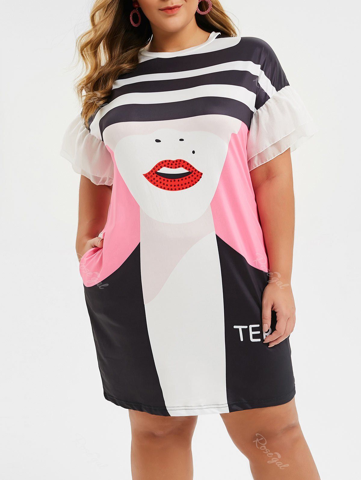 

Plus Size Rhinestone Striped Girl Graphic Tee Dress, White