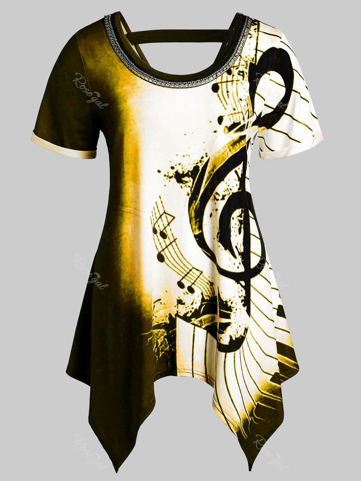 

Plus Size Musical Notes Print Handkerchief Chains Embellished Tee, Multi-c