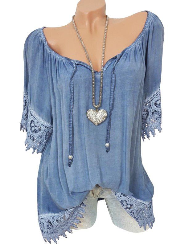 

Lace Panel Tie Raglan Sleeve Blouse, Blue gray