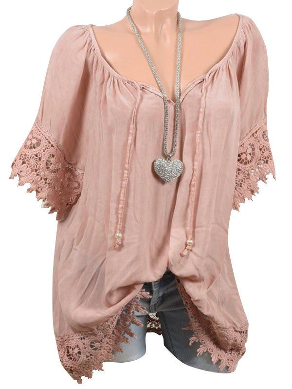 

Lace Panel Tie Raglan Sleeve Blouse, Light pink