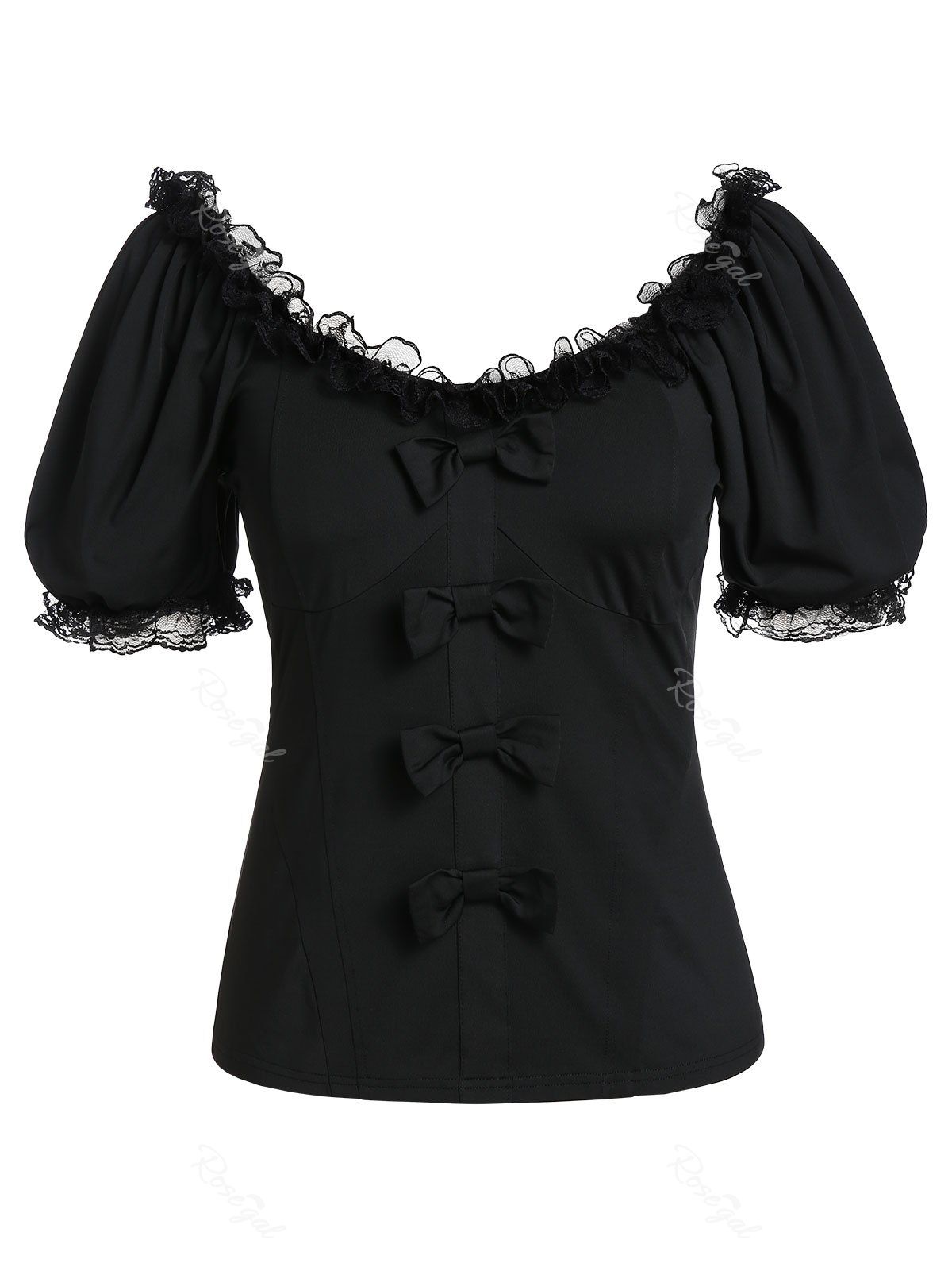 

Plus Size Lace Trim Bowknot Scoop Neck Blouse, Black